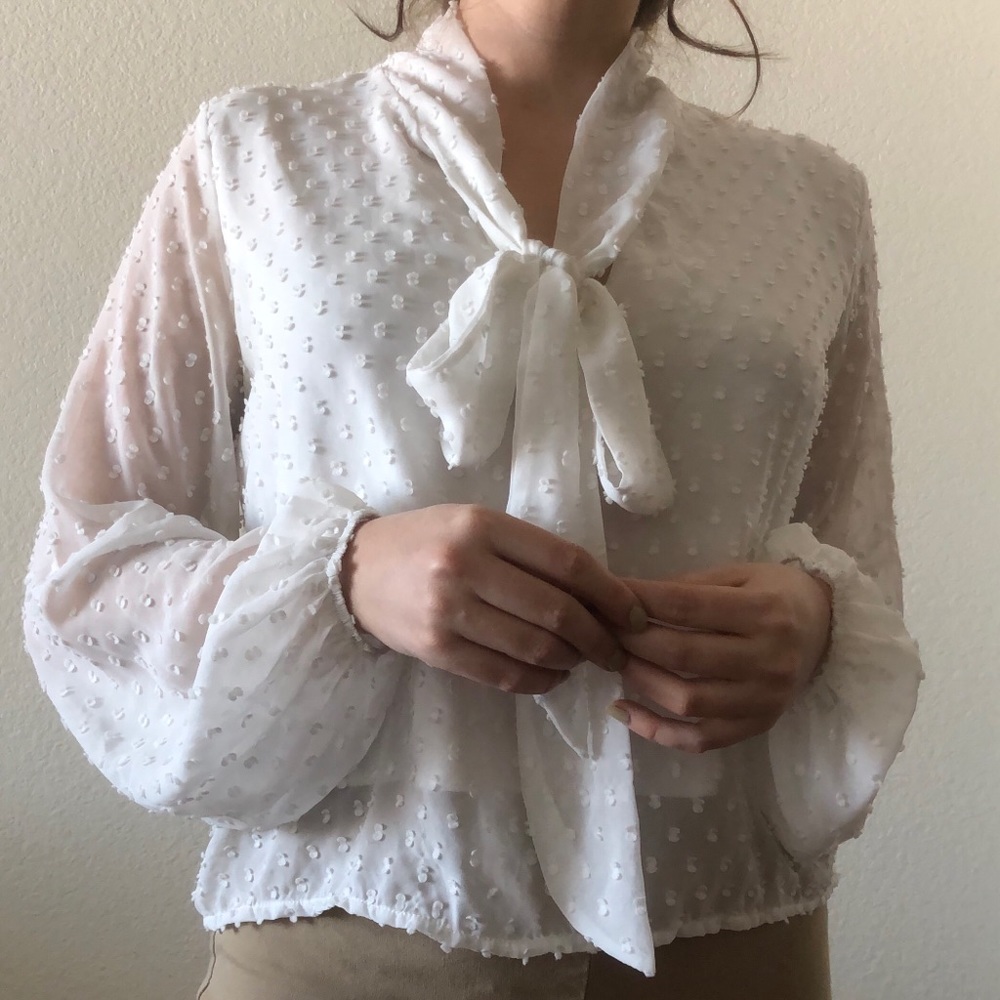 TFNC White Pussy Bow Swiss Dot Sheer Sleeve Blouse